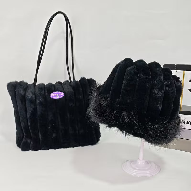 Plush 2-piece set, matching faux-fur shoulder bag and bucket hat