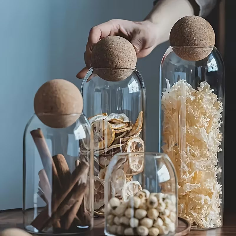 3pcs Glass Storage Container With Spherical Cork Stopper