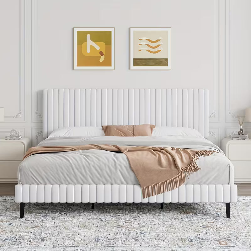 Velvet Upholstered Platform Bed With Vertical Channel Tufted Headboard And Footboard,