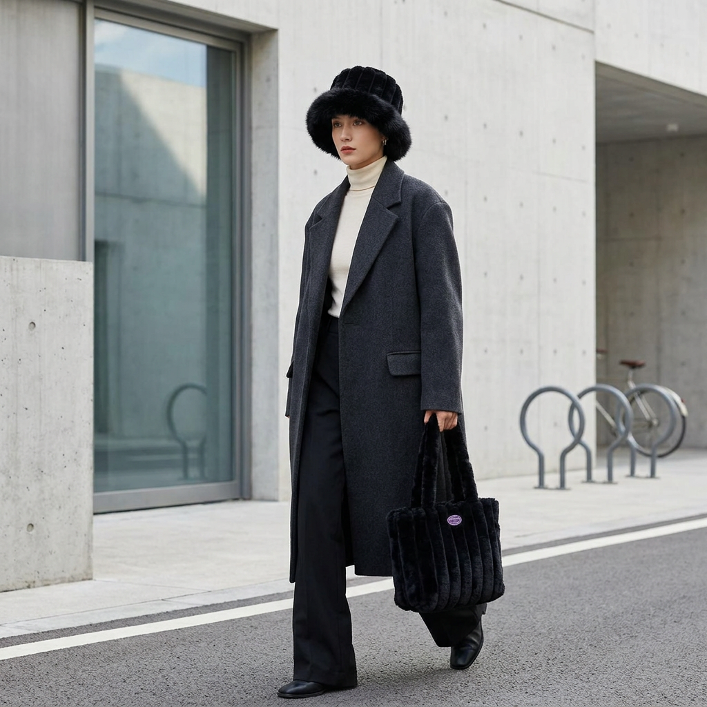 Plush 2-piece set, matching faux-fur shoulder bag and bucket hat