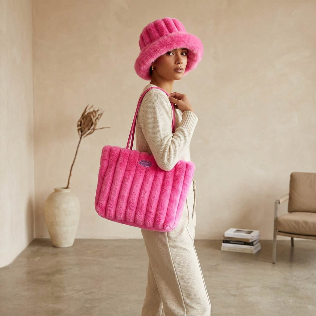 Plush 2-piece set, matching faux-fur shoulder bag and bucket hat