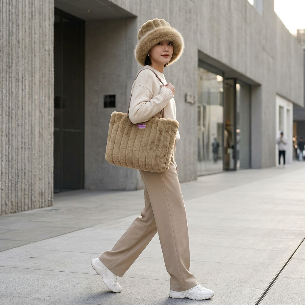 Plush 2-piece set, matching faux-fur shoulder bag and bucket hat