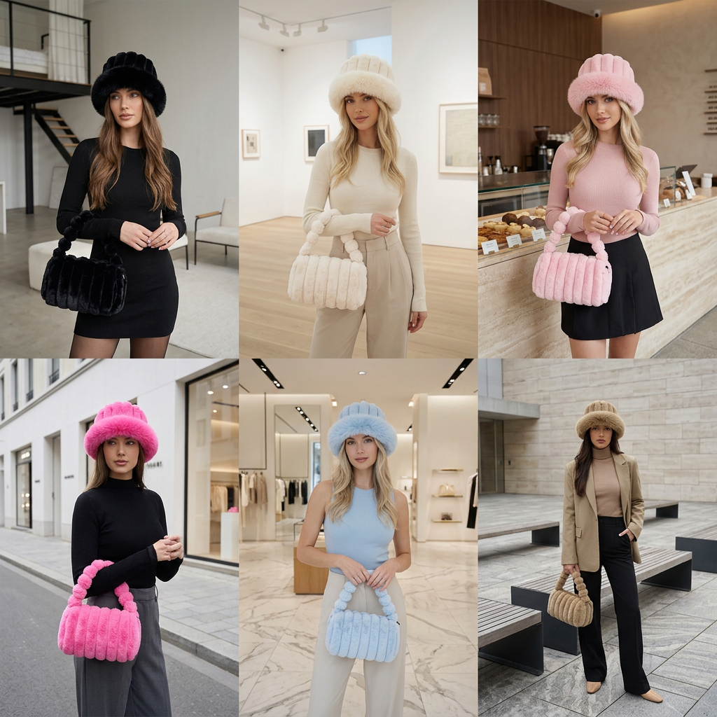 Plush 2-piece set bag and bucket hat