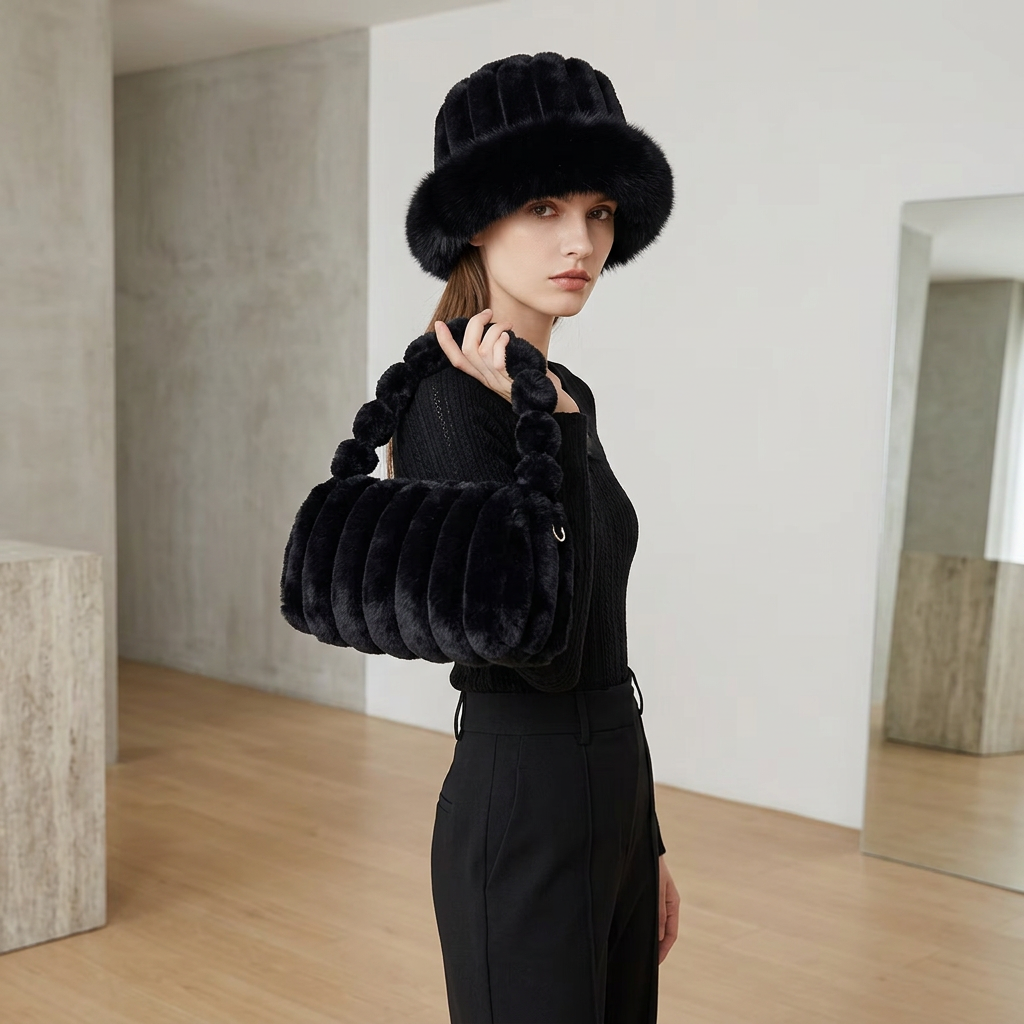 Plush 2-piece set bag and bucket hat