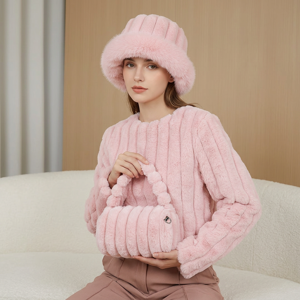 Plush 2-piece set bag and bucket hat