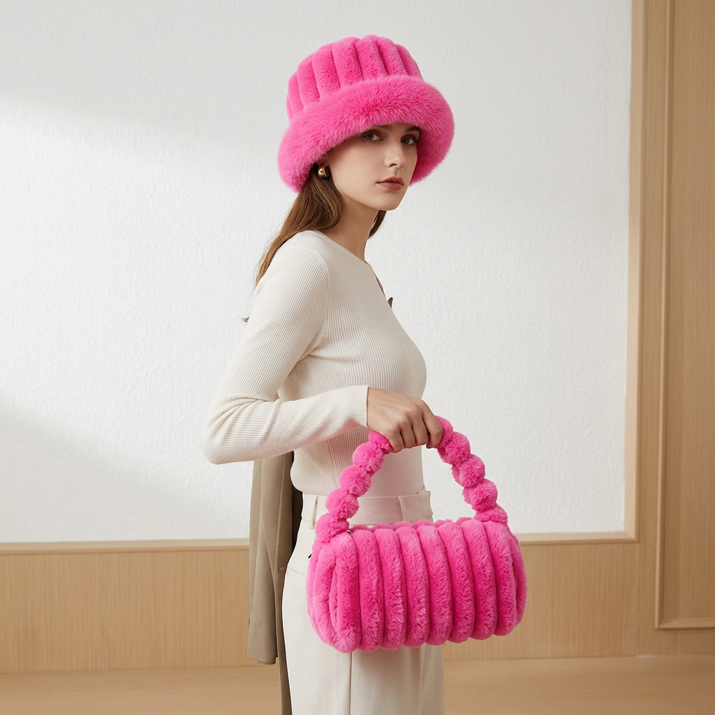 Plush 2-piece set bag and bucket hat
