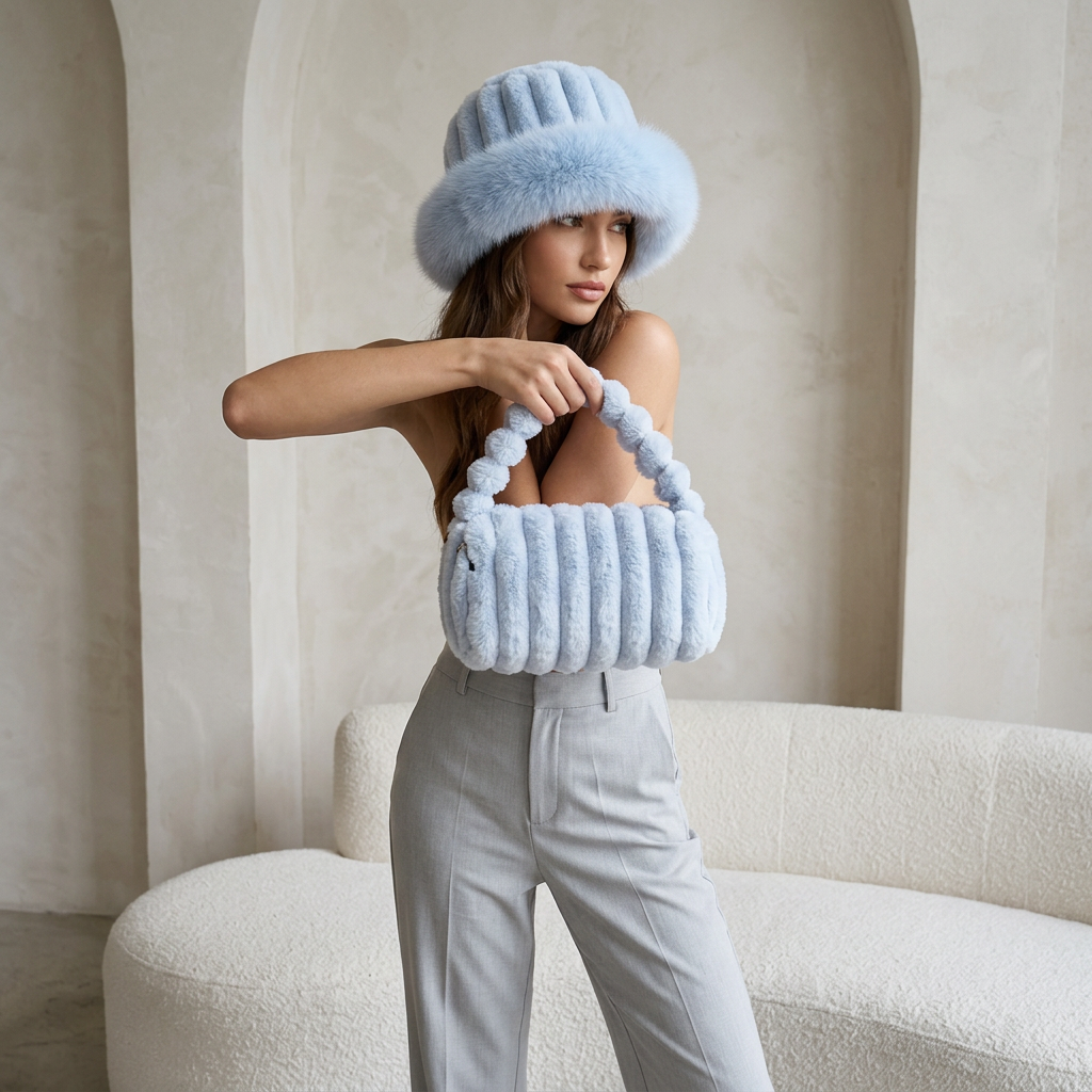 Plush 2-piece set bag and bucket hat