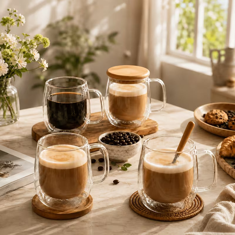 Double-Wall Glass Coffee & Tea Mugs with High Borosilicate Construction (Set of 4)
