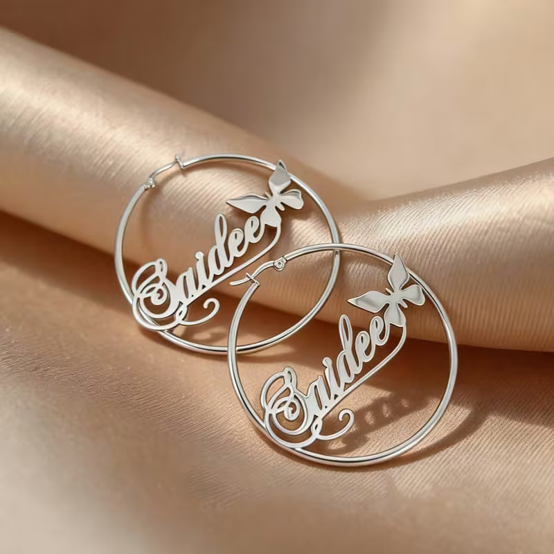 Name Circle Earrings with Butterfly