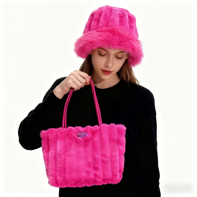 Plush 2-piece set, matching faux-fur shoulder bag and bucket hat