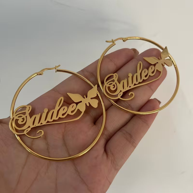 Name Circle Earrings with Butterfly