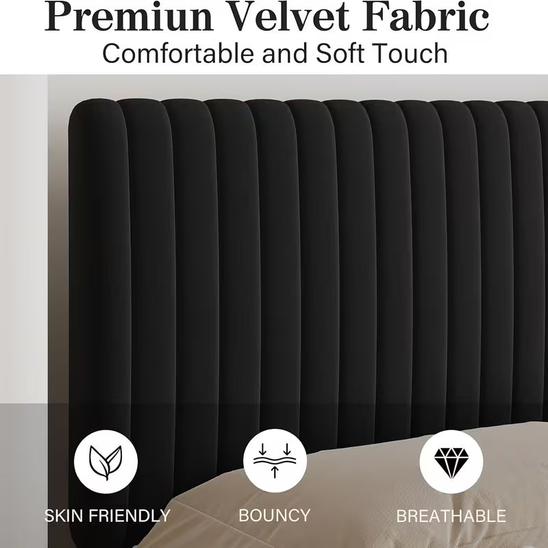 Velvet Upholstered Platform Bed With Vertical Channel Tufted Headboard And Footboard,