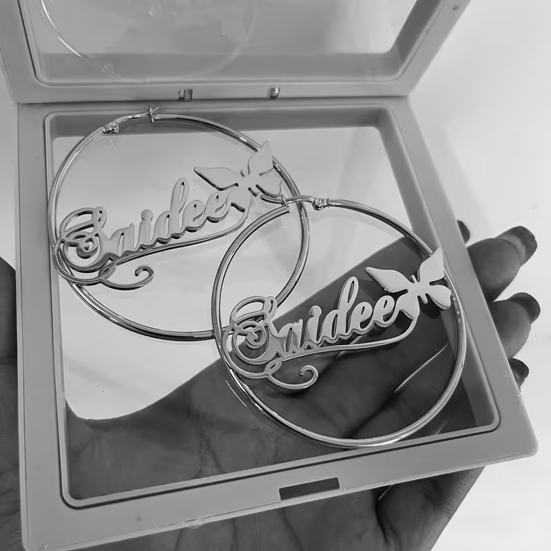 Name Circle Earrings with Butterfly