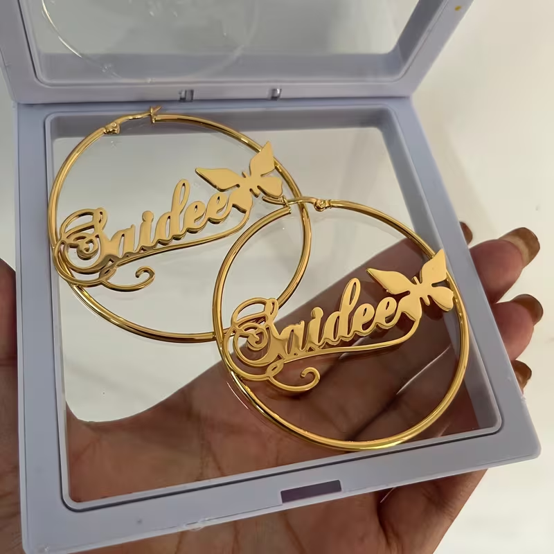 Name Circle Earrings with Butterfly