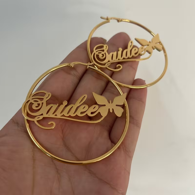Name Circle Earrings with Butterfly