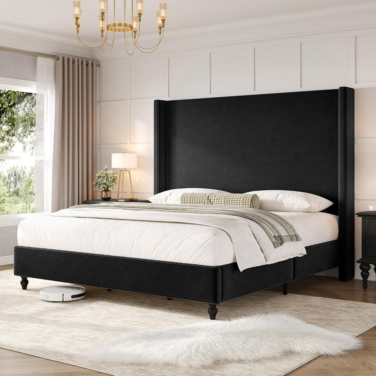 Upholstered Bed Frame, High Headboard Wingback Tall 63" Headboard