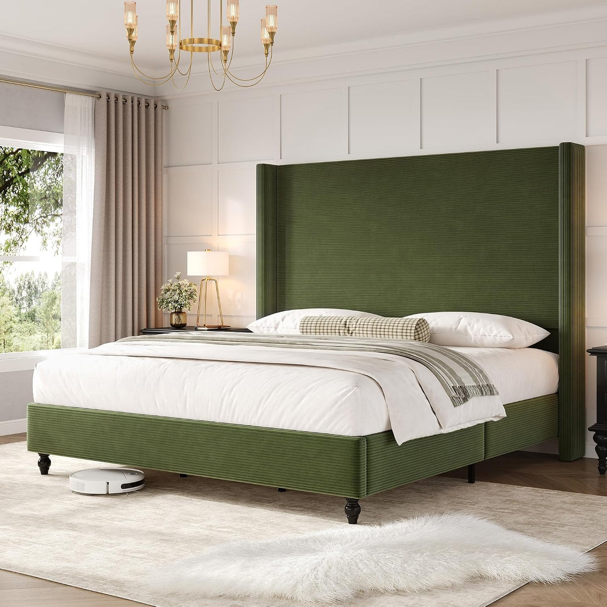 Upholstered Bed Frame, High Headboard Wingback Tall 63" Headboard
