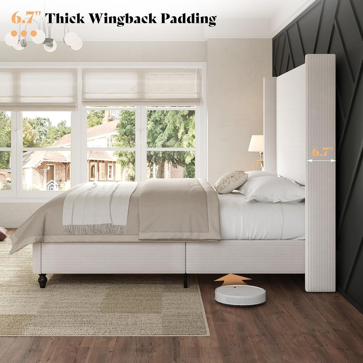 Upholstered Bed Frame, High Headboard Wingback Tall 63" Headboard