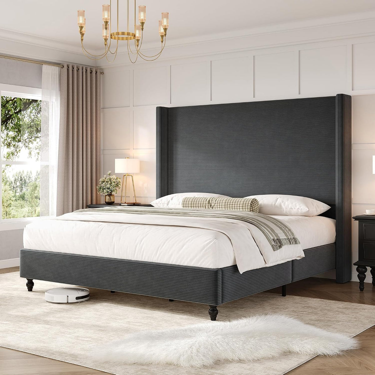Upholstered Bed Frame, High Headboard Wingback Tall 63" Headboard