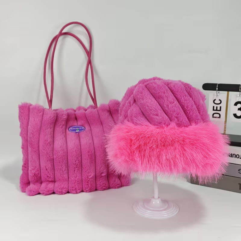 Plush 2-piece set, matching faux-fur shoulder bag and bucket hat