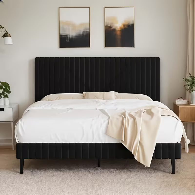Velvet Upholstered Platform Bed With Vertical Channel Tufted Headboard And Footboard,