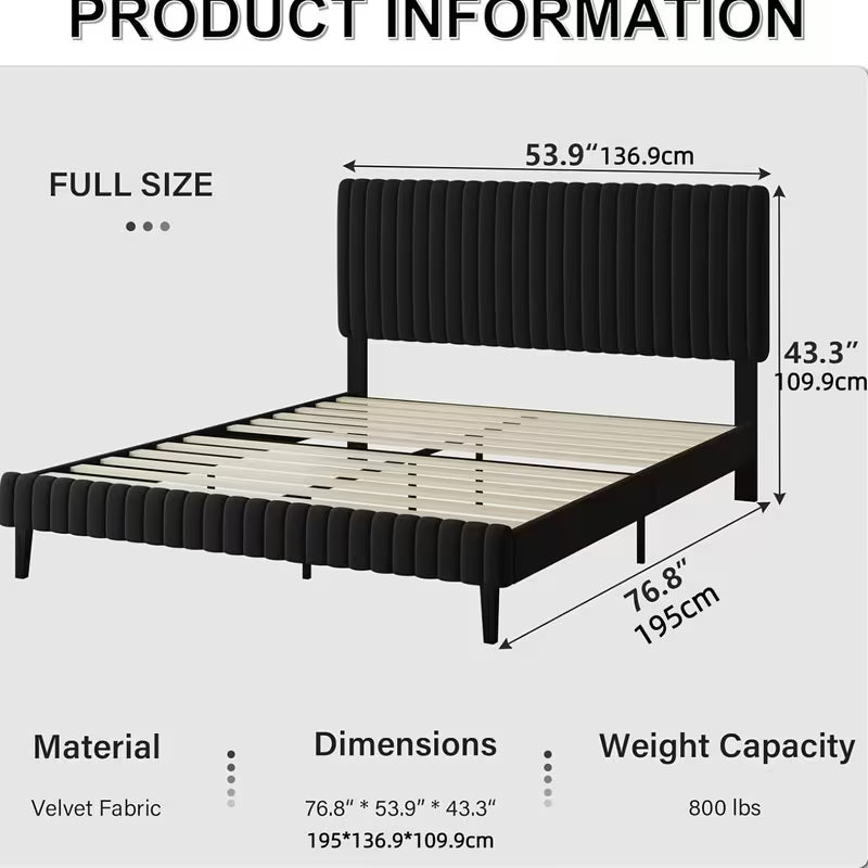 Velvet Upholstered Platform Bed With Vertical Channel Tufted Headboard And Footboard,