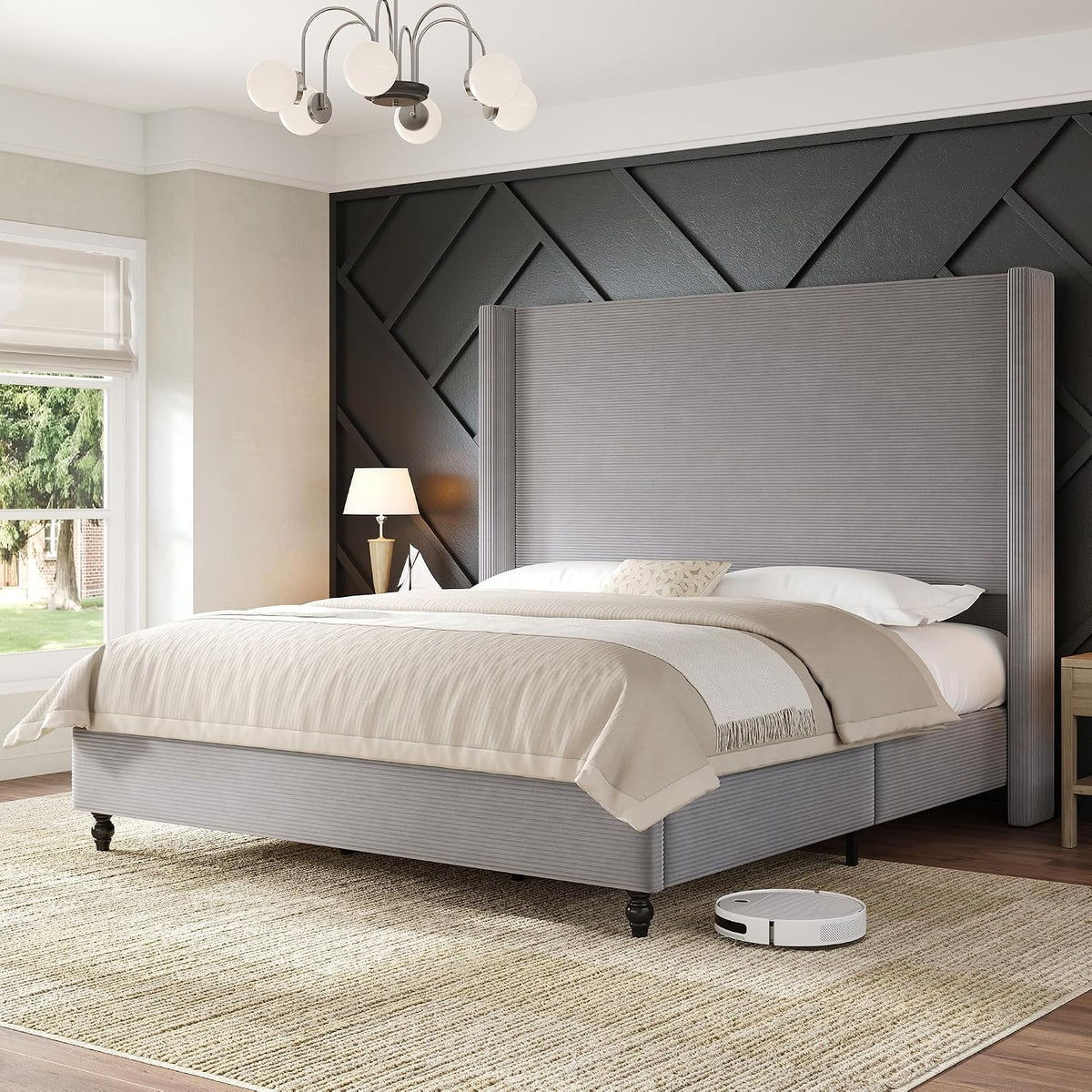 Upholstered Bed Frame, High Headboard Wingback Tall 63" Headboard