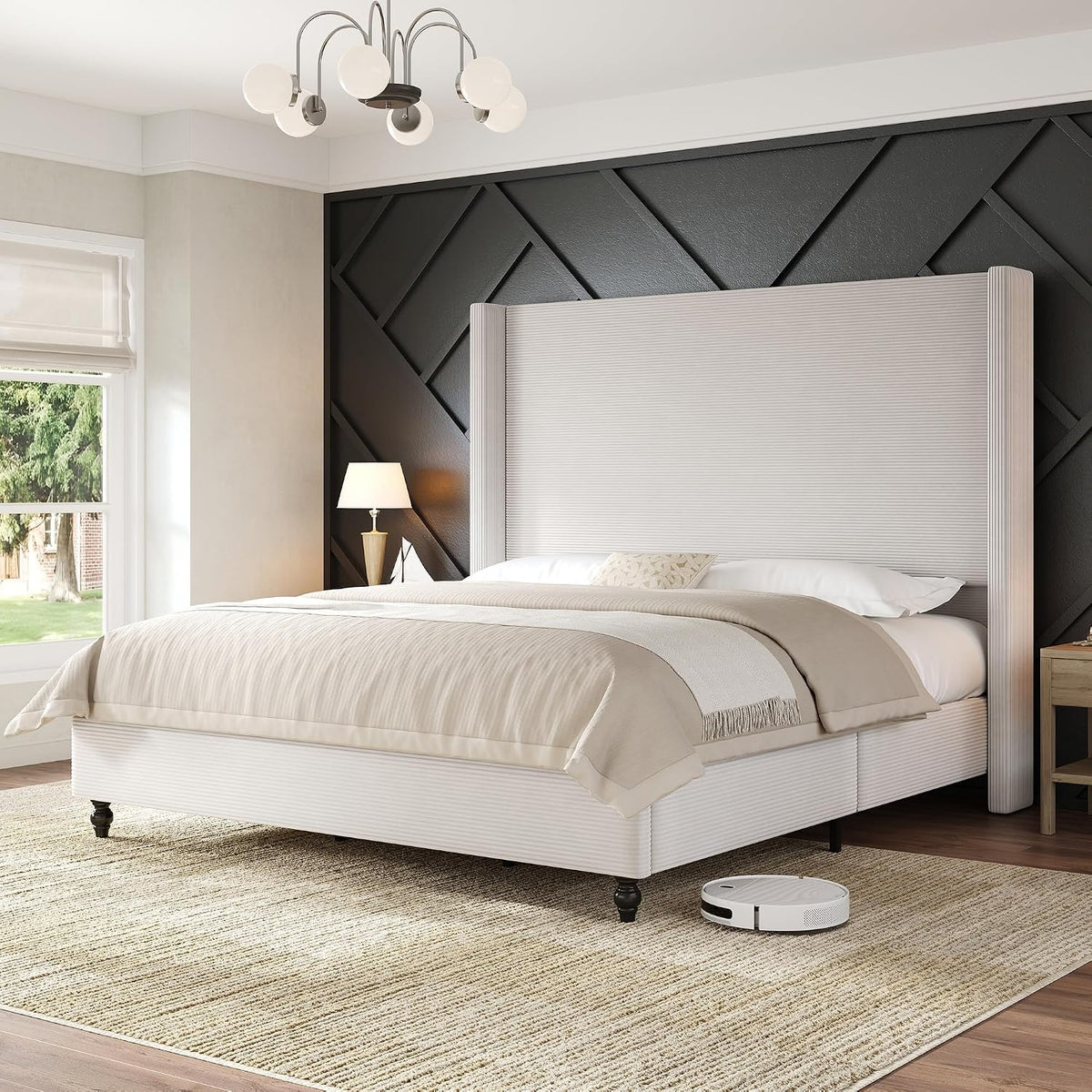 Upholstered Bed Frame, High Headboard Wingback Tall 63" Headboard