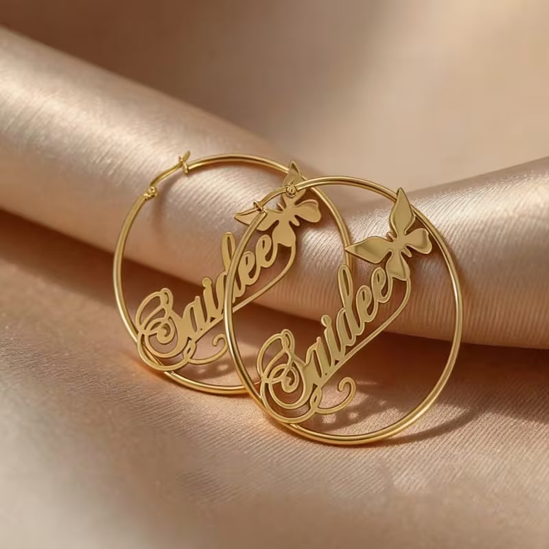 Name Circle Earrings with Butterfly