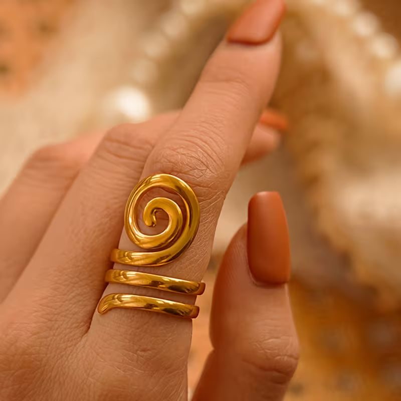 Golden Retro-Style Stainless Steel Spiral Ring