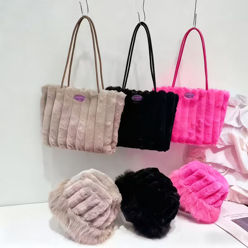Plush 2-piece set, matching faux-fur shoulder bag and bucket hat