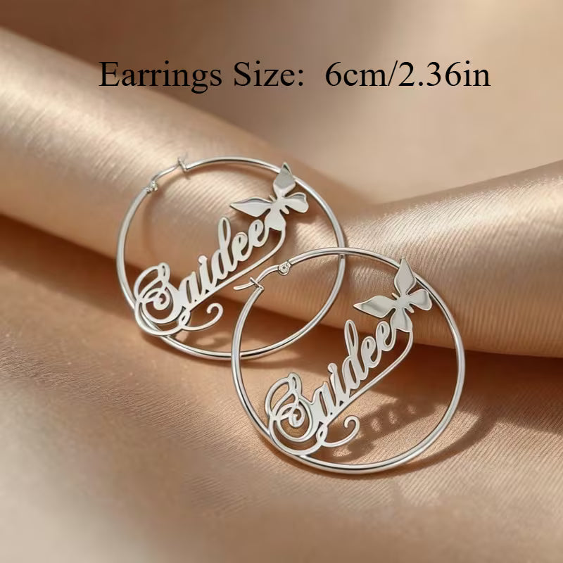 Name Circle Earrings with Butterfly
