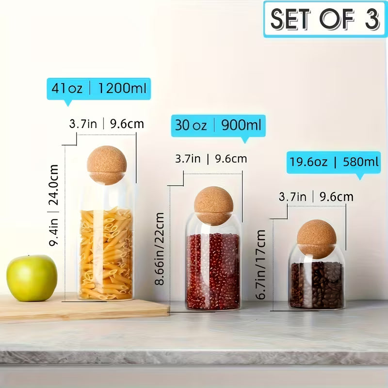 3pcs Glass Storage Container With Spherical Cork Stopper