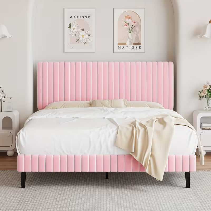 Velvet Upholstered Platform Bed With Vertical Channel Tufted Headboard And Footboard,