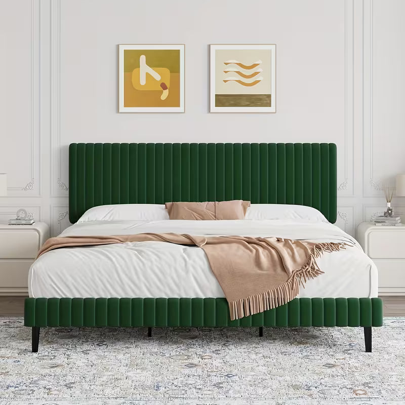 Velvet Upholstered Platform Bed With Vertical Channel Tufted Headboard And Footboard,