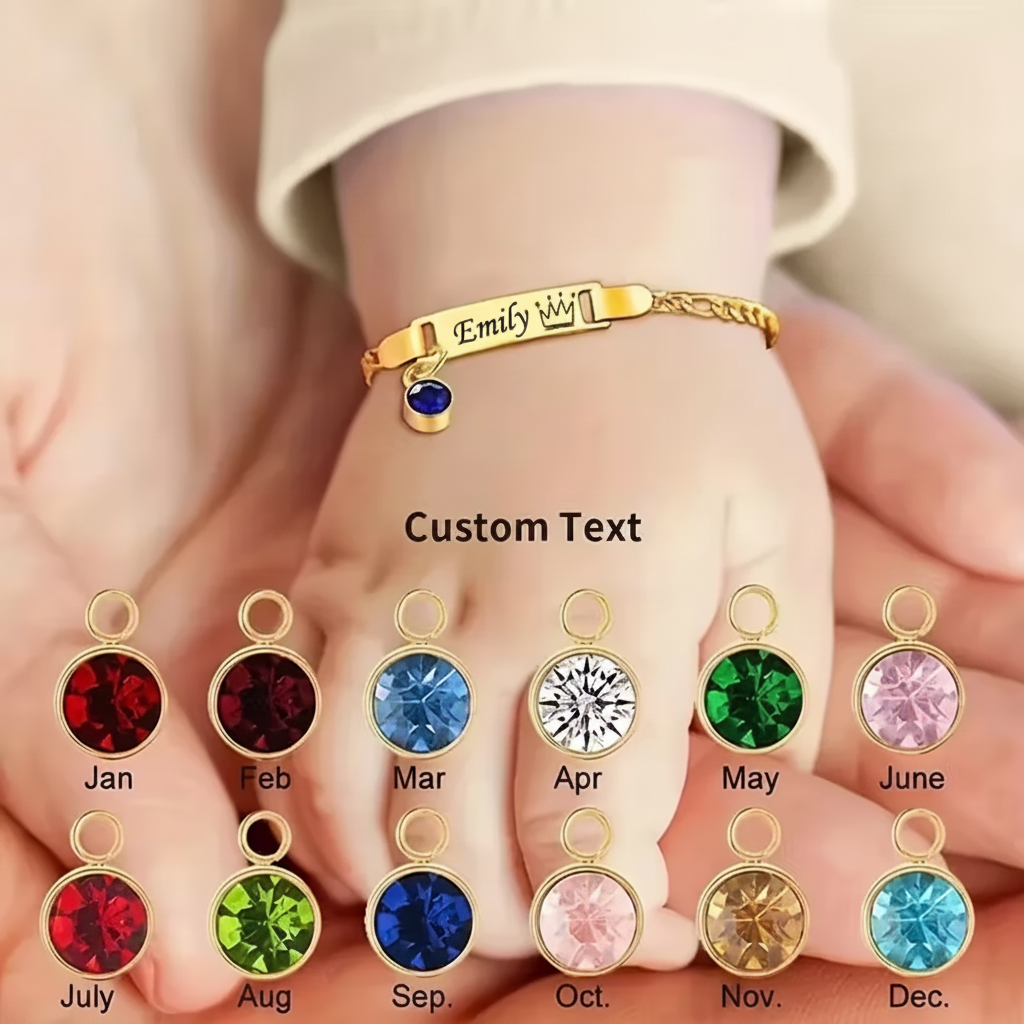 Kids Custom Name ID Bracelet with Birthstone Charm