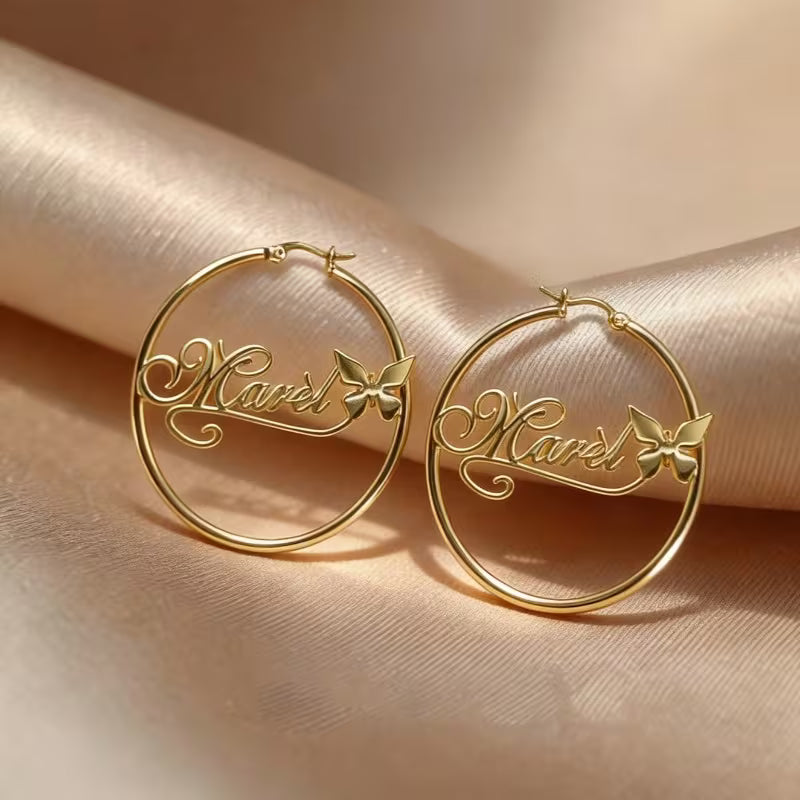 Name Circle Earrings with Butterfly