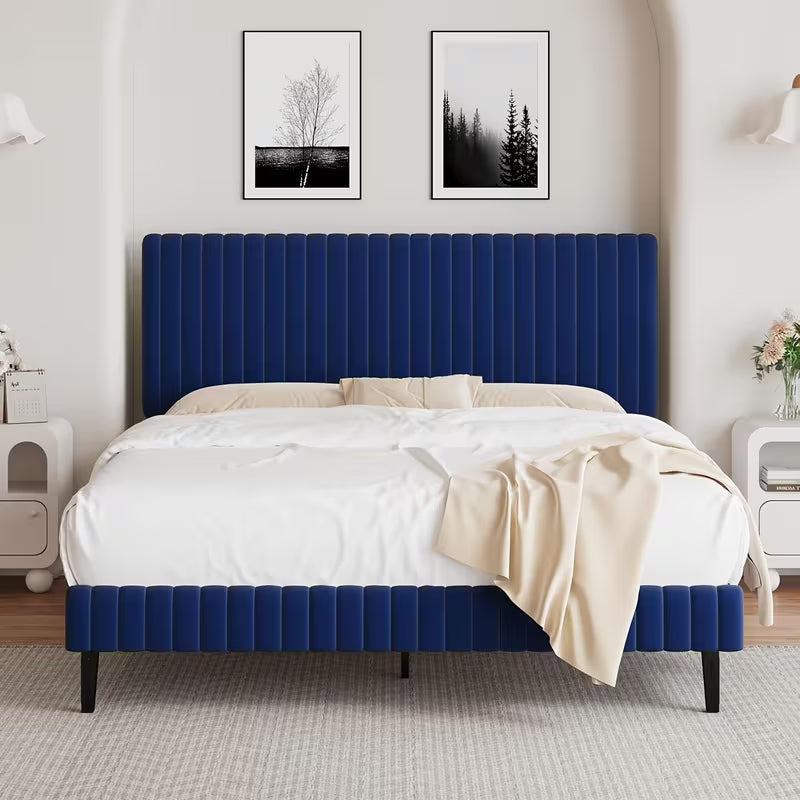 Velvet Upholstered Platform Bed With Vertical Channel Tufted Headboard And Footboard,