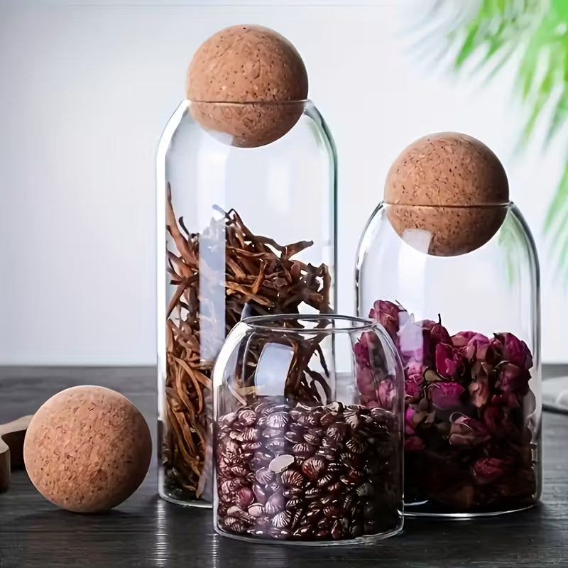3pcs Glass Storage Container With Spherical Cork Stopper