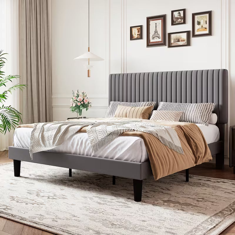 Velvet Upholstered Platform Bed With Vertical Channel Tufted Headboard And Footboard,