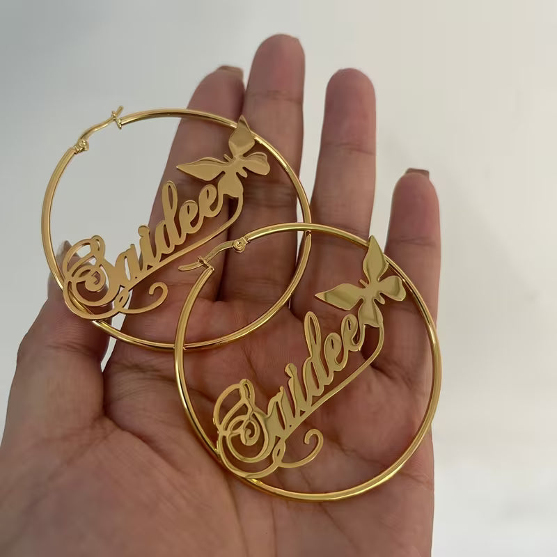 Name Circle Earrings with Butterfly