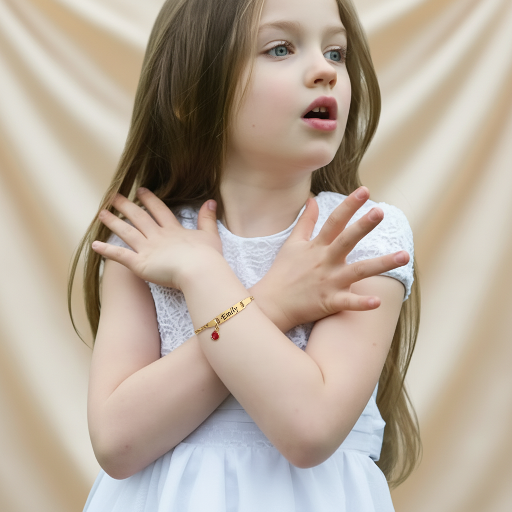 Kids Custom Name ID Bracelet with Birthstone Charm
